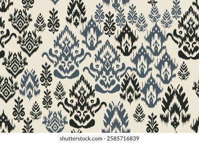 Seamless ethnic ikat pattern with influences of tribal and folk embroidery combined with Mexican Aztec geometric shapes. Perfect for graphic design, rugs, wallpaper, gift wrapping and clothing.