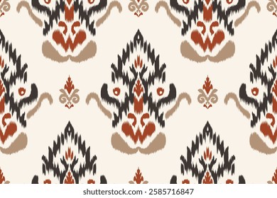 Seamless ethnic ikat pattern with influences of tribal and folk embroidery combined with Mexican Aztec geometric shapes. Perfect for graphic design, rugs, wallpaper, gift wrapping and clothing.