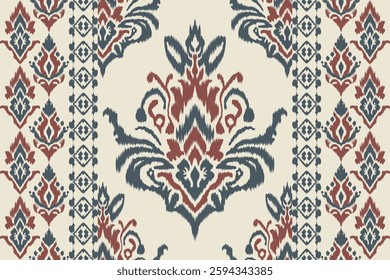 Seamless ethnic ikat pattern with influences of tribal and folk embroidery combined with Mexican Aztec geometric shapes. Perfect for graphic design, rugs, wallpaper, gift wrapping and clothing.