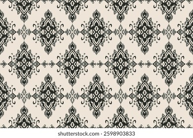 Seamless ethnic ikat pattern with influences of tribal and folk embroidery combined with Mexican Aztec geometric shapes. Perfect for graphic design, rugs, wallpaper, gift wrapping and clothing.