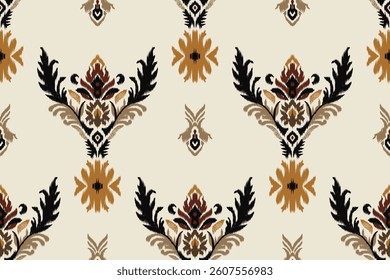 Seamless ethnic ikat pattern with influences of tribal and folk embroidery combined with Mexican Aztec geometric shapes. Perfect for graphic design, rugs, wallpaper, gift wrapping and clothing.