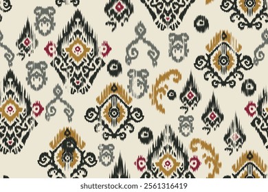 Seamless ethnic Ikat pattern inspired by tribal and folk embroidery, showcasing Aztec geometry with a Mexican flair. Perfect for graphic design, carpets, wallpapers, wrapping paper, and clothing.
