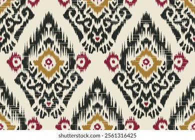 Seamless ethnic Ikat pattern inspired by tribal and folk embroidery, showcasing Aztec geometry with a Mexican flair. Perfect for graphic design, carpets, wallpapers, wrapping paper, and clothing.
