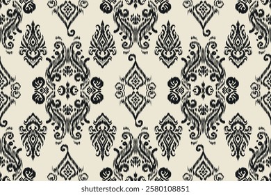 Seamless ethnic Ikat pattern inspired by tribal and folk embroidery, showcasing Aztec geometry with a Mexican flair. Perfect for graphic design, carpets, wallpapers, wrapping paper, and clothing.
