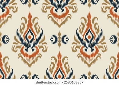 Seamless ethnic Ikat pattern inspired by tribal and folk embroidery, showcasing Aztec geometry with a Mexican flair. Perfect for graphic design, carpets, wallpapers, wrapping paper, and clothing.