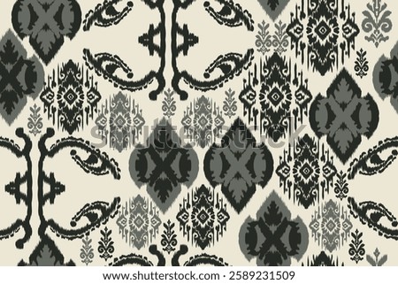 Seamless ethnic Ikat pattern inspired by tribal and folk embroidery, showcasing Aztec geometry with a Mexican flair. Perfect for graphic design, carpets, wallpapers, wrapping paper, and clothing.
