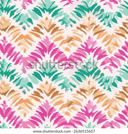 Seamless ethnic ikat pattern with pink, green and yellow hand drawn art abstract batik tie dye background elements