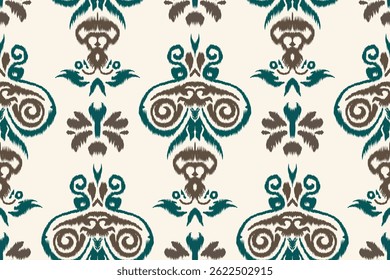 Seamless ethnic Ikat pattern with swirled brown and teal tribal motifs on beige background, traditional abstract textile design perfect for fashion fabric, wallpaper, and decor.