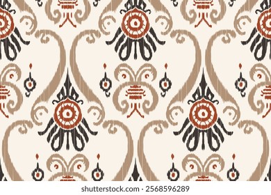 Seamless ethnic Ikat pattern with tribal and folk embroidery influences, featuring Aztec geometry in a Mexican style. Ideal for graphic design, carpets, wallpapers, wrapping paper, and clothing.