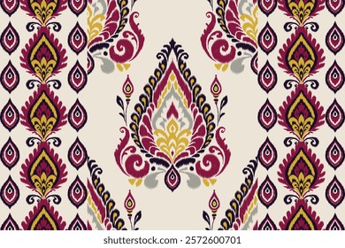 Seamless ethnic Ikat pattern with tribal and folk embroidery influences, featuring Aztec geometry in a Mexican style. Ideal for graphic design, carpets, wallpapers, wrapping paper, and clothing.