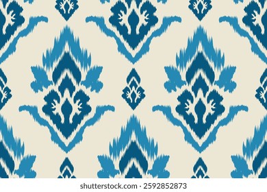 Seamless ethnic Ikat pattern with tribal and folk embroidery influences, featuring Aztec geometry in a Mexican style. Ideal for graphic design, carpets, wallpapers, wrapping paper, and clothing.