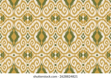 Nahtloses ethnisches Katzenmuster in gelben und grünen Farben mit traditionellen geometrischen und wirbelnden Motiven. Handgezeichnetes Textildesign für Stoff, Tapete, Verpackung und Dekor.