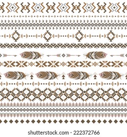 Seamless ethnic Indian pattern. Vector feathers and other tribal elements.  