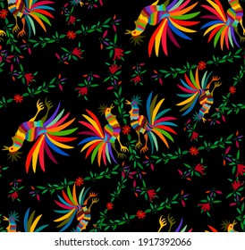 Seamless Ethnic Mexican embroidery black background, colorful roosters jungle animals handmade. Otomi culture naive print folk decorations. latin, Spanish, mediterranean style. elements print textile 