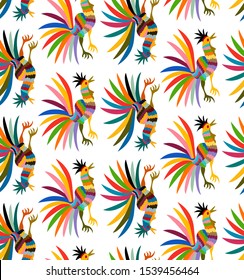 Seamless Ethnic Mexican embroidery colorful roosters jungle animals hand-made. Otomi culture naive print folk decorations. latin, Spanish, mediterranean style. elements textile isolated on white