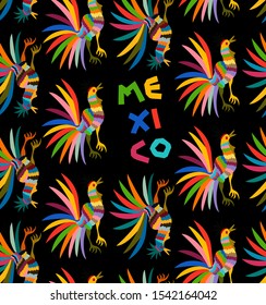 Seamless Ethnic Mexican embroidery colorful roosters jungle animals hand-made. Otomi culture naive print folk decorations. Paper cut text, mediterranean style. elements textile isolated on black