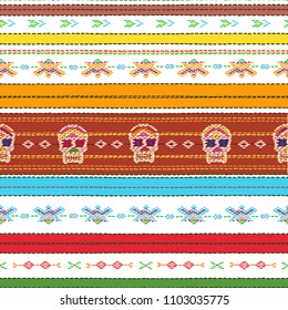 Seamless ethnic mexican fabric pattern with colorful stripes and Catrina`s skull on white. Repeat straight stripes texture background, vector. Day of the Dead holiday.
