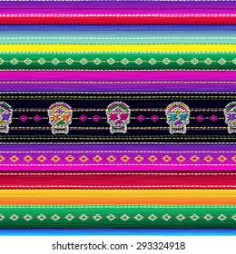 Seamless ethnic mexican fabric pattern with colorful stripes and Catrina`s skull. Repeat straight blue, black, red, green, yellow, violet stripes texture background, vector.