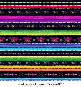 Seamless ethnic mexican fabric pattern with colorful stripes. Repeat straight blue, black, red, green, yellow, violet stripes texture background, vector.