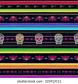 Seamless ethnic mexican fabric pattern with colorful stripes and Catrina`s skull. Repeat straight stripes texture background, vector. Day of the Dead holiday.