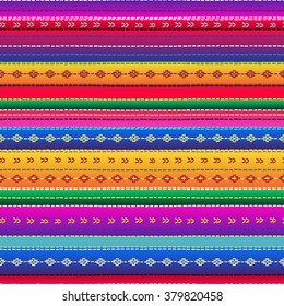 Seamless ethnic mexican fabric pattern with colorful stripes. Repeat straight blue, red, green, yellow, violet stripes texture background, vector.