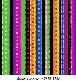 Seamless ethnic mexican fabric pattern with colorful stripes. Repeat straight blue, red, green, yellow, black, violet stripes texture background, vector.