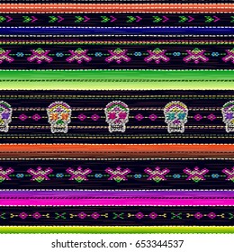 Seamless ethnic mexican fabric pattern with colorful stripes and Catrina`s skull. Repeat straight stripes texture background, vector. Day of the Dead holiday.