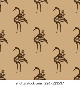 Seamless ethnic monochrome animal pattern with stylized funny birds. Ancient Greek design. Brown silhouettes on beige background.