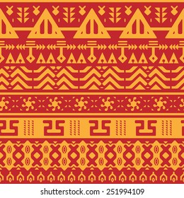 Seamless Ethnic Mosaic Shapes Pattern in Brown \ Orange colors. Geometrical Repeating Background with Triangles, Zigzags, Stripes and another Shapes