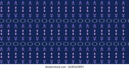 Seamless Ethnic Motif Pattern on Blue Grid Background