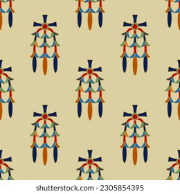Seamless ethnic pattern with abstract ancient Egyptian motifs. Square cross shape jewelry design. On yellow background.