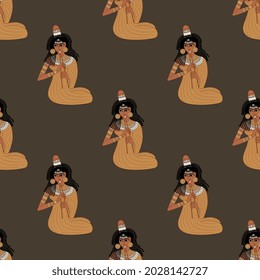 Seamless ethnic pattern with ancient Egyptian girls playing flutes. On dark background.