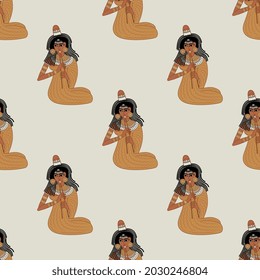 Seamless ethnic pattern with ancient Egyptian girls playing flutes. On white background.