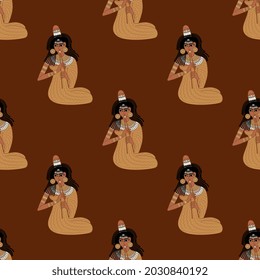 Seamless ethnic pattern with ancient Egyptian girls playing flutes. On dark red background.