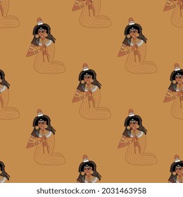 Seamless ethnic pattern with ancient Egyptian girls playing flutes. On golden orange background.