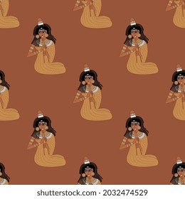 Seamless ethnic pattern with ancient Egyptian girls playing flutes. On orange brown background.