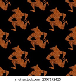 Seamless ethnic pattern with ancient Etruscan werewolves. Fantastic creature. Half man half wolf. Red silhouettes on black background. Vase painting style.