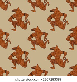 Seamless ethnic pattern with ancient Etruscan werewolves. Fantastic creature. Half man half wolf. Orange red silhouettes on yellow background. Vase painting style.