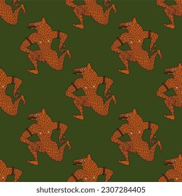 Seamless ethnic pattern with ancient Etruscan werewolves. Fantastic creature. Half man half wolf. Red silhouettes on green background. Vase painting style.