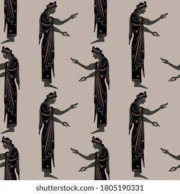 Seamless ethnic pattern with ancient Greek women or goddesses. Vase painting style.