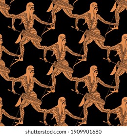 Seamless ethnic pattern with ancient Greek or Scythian warrior archers. Vintage style.