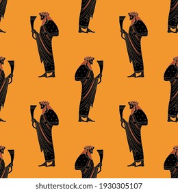 Seamless ethnic pattern with ancient Greek god Dionysus or Bacchus holding rhyton of wine. Vase painting style. 