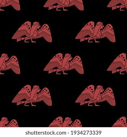 Seamless ethnic pattern with ancient Greek Sirens or harpy. Fantastic female half bird half woman.