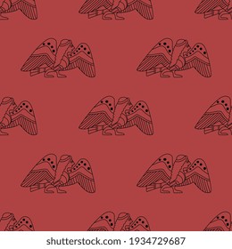 
Seamless ethnic pattern with ancient Greek Sirens or harpy. Fantastic female half bird half woman.