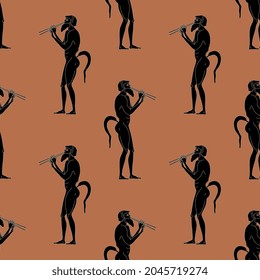 Seamless ethnic pattern with ancient Greek satyrs playing flute. Vase painting style. Black silhouettes on orange background.
