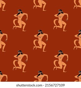 Seamless ethnic pattern with ancient Greek satyrs or Silenus. Vase painting style. On red background.