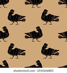 Seamless ethnic pattern with Ancient Greek Sirens or harpies. Fantastic birds with women's heads. Vase painting style.