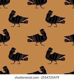 Seamless ethnic pattern with Ancient Greek Sirens or harpies. Fantastic birds with women's heads. Vase painting style. Black silhouettes on orange background.