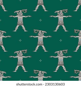 Seamless ethnic pattern with ancient Mayan goddess with serpent on her head. Codex design. Indigenous Native American art. On green background.