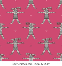 Patrón étnico sin foco con la antigua diosa maya con serpiente en la cabeza. Diseño del códice. Arte indígena nativo americano. De fondo rosado.